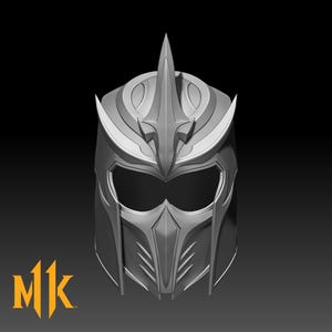 May include: A silver helmet with a central spike and a detailed, angular design. It has eye openings and a face guard with vertical lines. The letters "MK" are visible in the lower left corner.