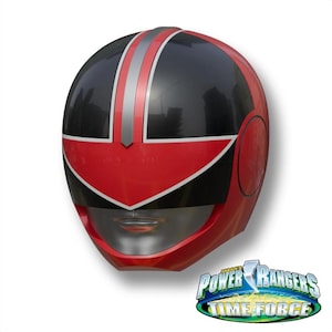 May include: A red and black Power Rangers Time Force helmet. The helmet features a red visor and a silver faceplate. The top of the helmet has two silver stripes down the center. The Power Rangers Time Force logo is in the bottom right corner.