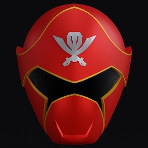 Peut inclure: Casque de Power Ranger rouge et or avec un symbole blanc d'épées croisées sur le devant.