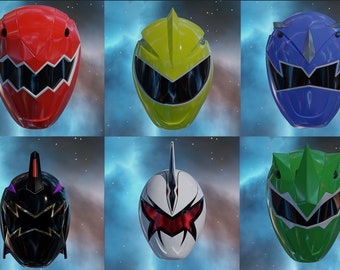 May include: Six Power Rangers helmets, each with a different colour and design. The helmets are red, yellow, blue, black, white, and green.