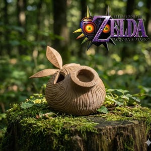 May include: A brown, textured Deku Scrub figure with a hollow, circular opening and two leaf-like appendages on top. The figure features a wood-grain pattern and is displayed alongside the purple and gold The Legend of Zelda Majora's Mask logo.