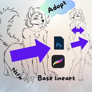 May include: Black and white line art of two anthropomorphic wolf characters. One is kneeling, the other standing. Text includes "Adopt", "Base lineart", "Nsfw", and icons for Photoshop and Procreate.