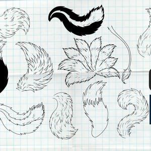 May include: A collection of stylized animal tail illustrations in black and white. The image includes a skunk tail, fox tails, and a multi-tailed fox design. Also included are the Procreate and Photoshop app icons.
