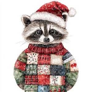 10 Christmas Raccoon Clipart Bundle, PNG & JPG, Printable Patchwork, Winter Illustrations, Digital Download, Scrapbook Crafting, Quilt Image