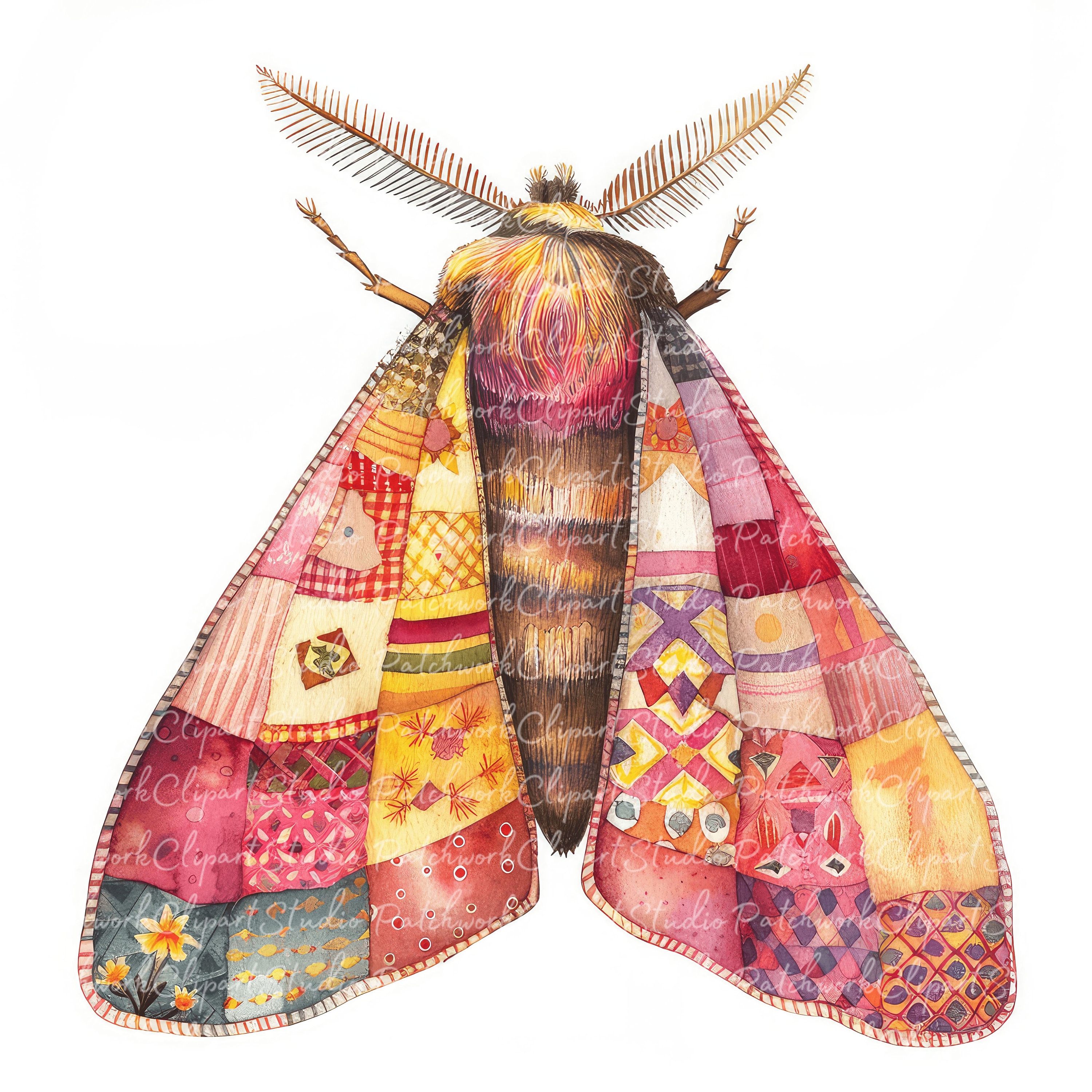 Moths Clipart Bundle, Printable Moth, Cute Quilted Fabric Illustrations ...