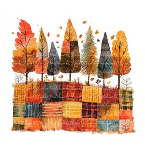 Paquete de 10 imágenes prediseñadas de bosque otoñal, imágenes PNG y JPG para patchwork, ilustración de bosque en otoño, descarga digital, manualidades con álbumes de recortes, imagen de colcha