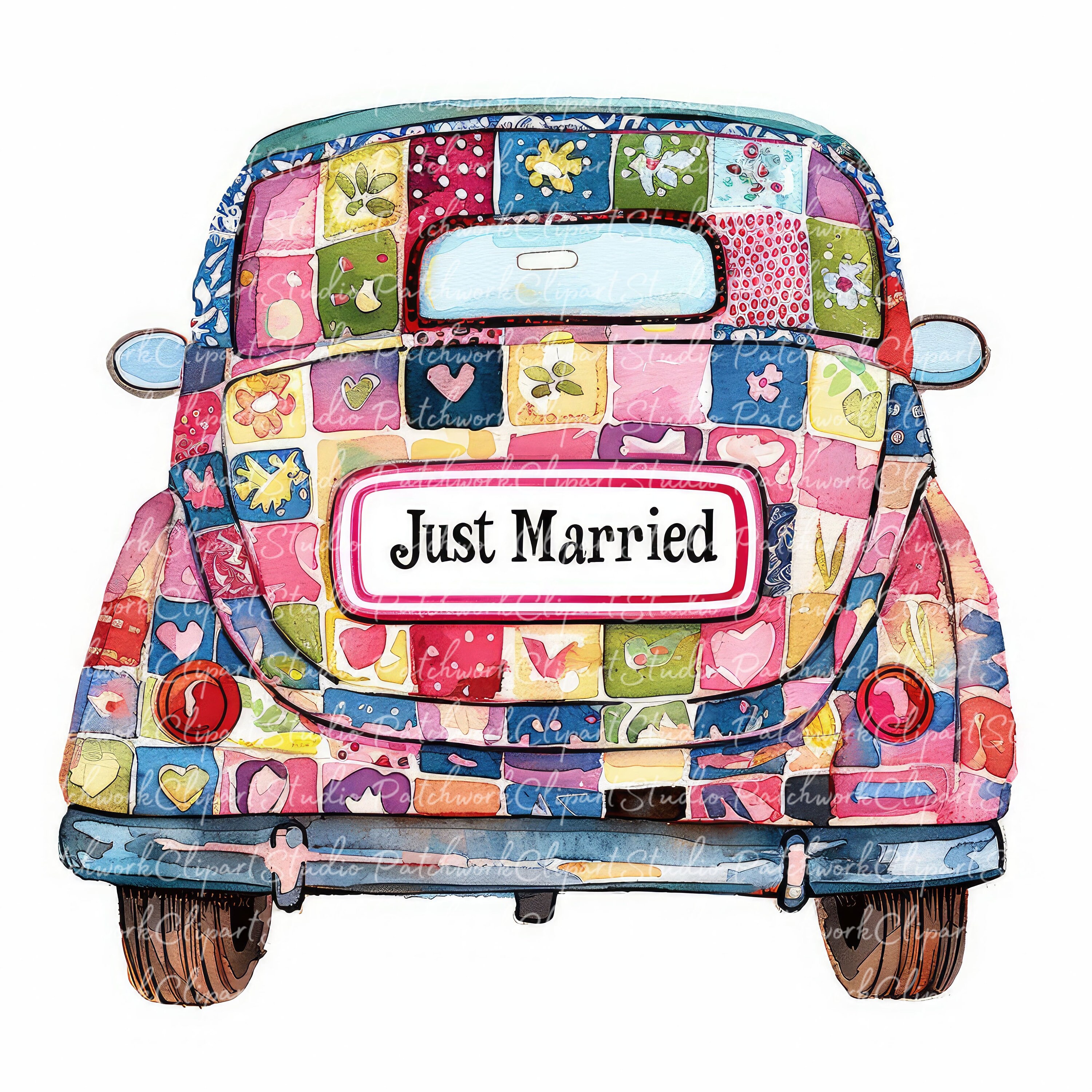 10 Just Married Car Clipart Bundle, Printable Patchwork, Quilted Fabric Illustrations, Digital ...