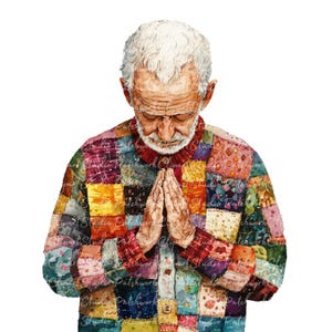 Könnte beinhalten: Aquarellillustration einer älteren Person mit weißem Haar und Bart, die eine bunte Patchworkjacke trägt. Die Hände der Person sind zum Gebet gefaltet, mit einem friedlichen Ausdruck. Das Bild hat einen weichen, künstlerischen Stil.