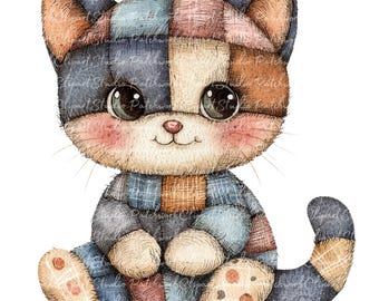 10 Kätzchen Clipart Bundle, PNG & JPG, druckbare Patchwork Katzen Illustrationen, digitaler Download, Scrapbook Crafting, Quilt Katzen Kätzchen Bilder