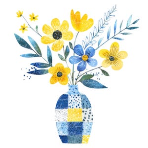 Può includere: Un mazzo di fiori gialli e blu in un vaso con motivo blu e giallo. Il vaso ha un design a patchwork con quadrati e pois.