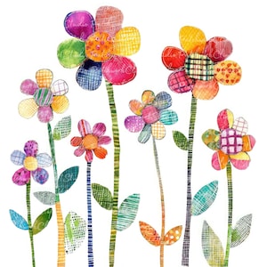 10 süße Blumen Clipart Bundle, PNG & JPG, druckbare Patchwork Illustrationen, digitaler Download, Scrapbook, süße bunte Blumen Quilt Bild