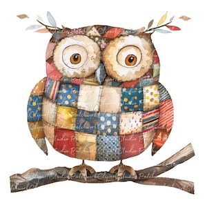 10 Owl Clipart Bundle, PNG & JPG, Printable Patchwork Owls, Illustrations, Digital Download, Scrapbook Crafting, Quilt Owl Image