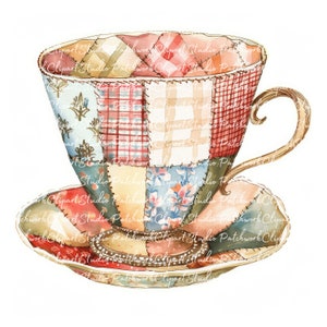 Lot de 10 tasses à thé, PNG & JPG, tasse à thé imprimable patchwork, illustrations, téléchargement numérique, créations de scrapbooking, image de courtepointe