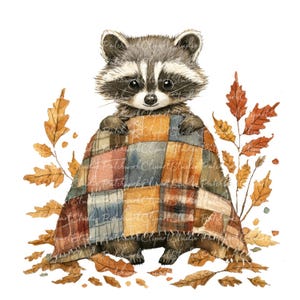 10 herfst wasbeer clipartbundel, png en jpg, afdrukbare patchwork, wasbeer in herfst illustraties, digitale download, scrapbook crafting, quilt