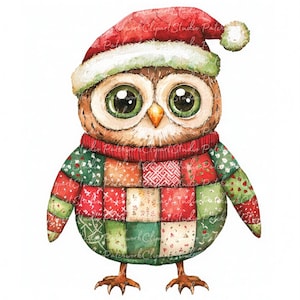 Pacote de 10 clipart de coruja de Natal, PNG e JPG, patchwork para impressão, ilustrações de animais de Natal, download digital, artesanato de scrapbook, imagem de colcha