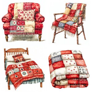 May include: Four watercolor illustrations of red and white patchwork quilts. The quilts are shown on a red armchair, a wooden chair, a bed, and folded on a white background.