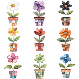 Pacote com 10 cliparts de flores variadas em vasos, PNG e JPG, patchwork para impressão, ilustrações, download digital, artesanato para scrapbook, imagem de colcha