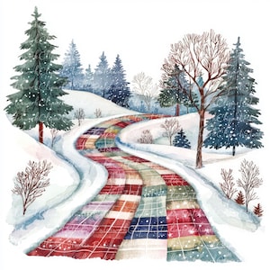 10 Winter Road Clipart Bundle, PNG & JPG, Printable Patchwork, Christmas Illustrations, Digital Download, Scrapbook Crafting, Quilt Image