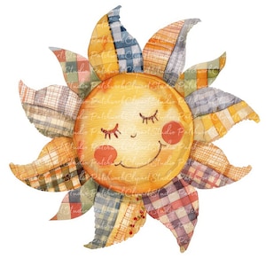 Paquete de 10 imágenes prediseñadas de sol (PNG y JPG), soles de patchwork imprimibles, sol sonriente, ilustraciones, descarga digital, manualidades con álbumes de recortes, imagen de colcha