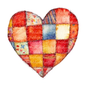 Puede incluir: Un corazón de patchwork hecho de varios cuadrados de tela de diferentes colores, cosidos juntos con hilo rojo. El corazón es un símbolo tradicional de amor y afecto.
