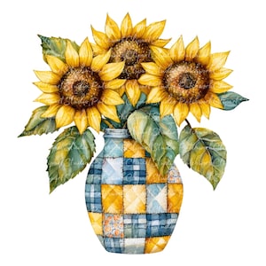 10 zonnebloemen in vaas clipartbundel, png en jpg, afdrukbare afbeeldingen van patchworkbloemen, digitale download, scrapbooking, zonnebloemafbeelding