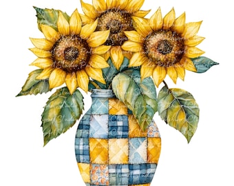 10 Sunflowers in Vase Clipart Bundle, PNG & JPG, Printable Patchwork Flowers Images, Digital Download, Scrapbook Crafting, Sunflowers Image