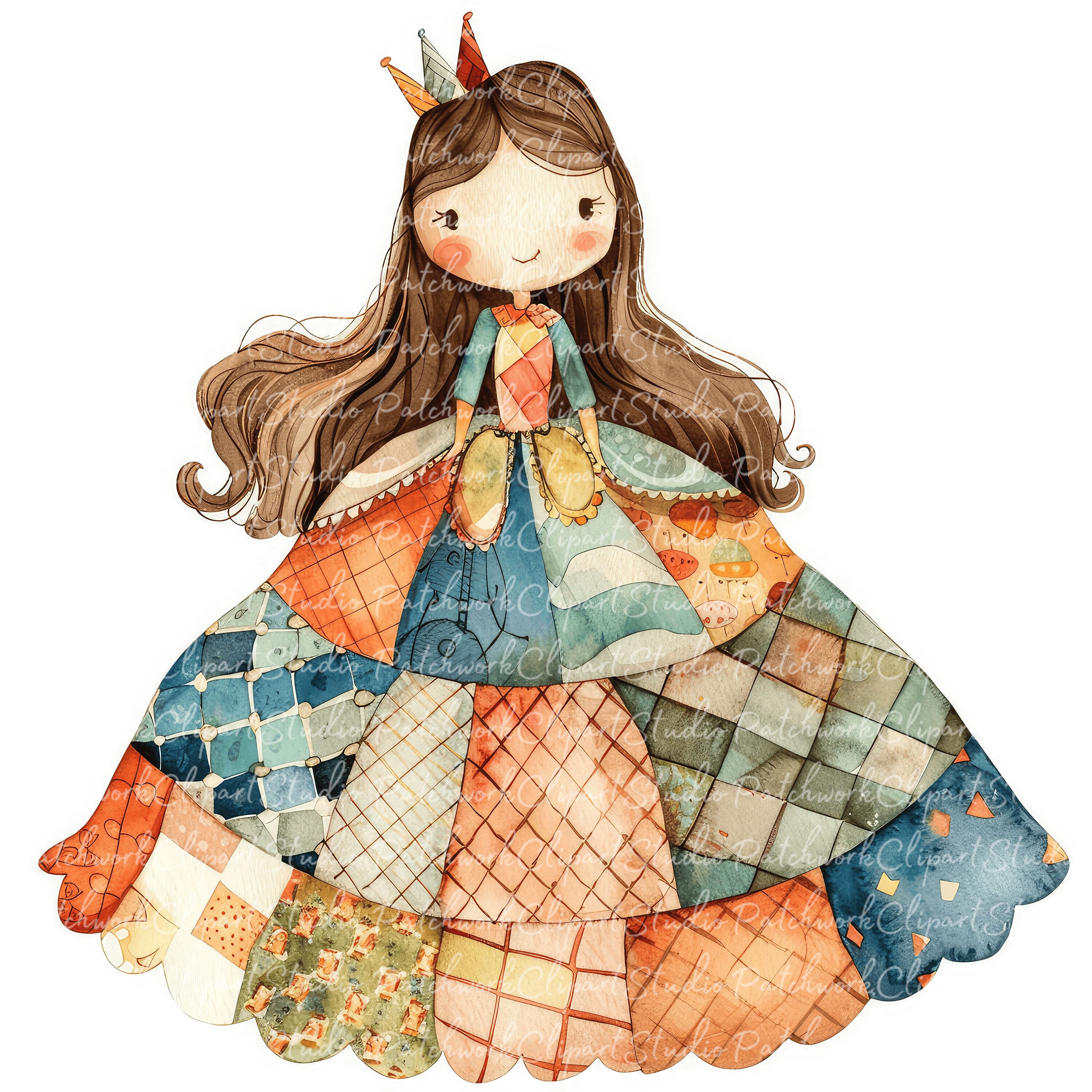 10 Princess Clipart Bundle, PNG & JPG, Printable Patchwork Princess ...