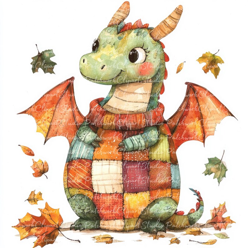10 Autumn Dragon Clipart Bundle, PNG & JPG, Printable Patchwork, Dragon ...