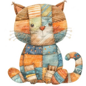 10 katten clipartbundel, png en jpg, afdrukbare patchwork kat, illustraties, digitale download, scrapbook crafting, katachtige quiltafbeelding