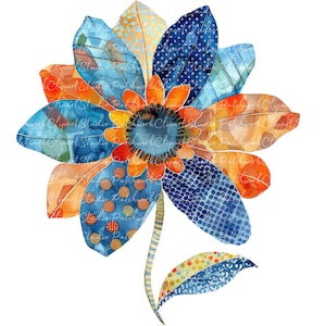May include: A watercolor painting of a flower with blue, orange, and yellow petals. The flower has a dark blue center and a yellow stem. The petals are patterned with geometric shapes and dots.