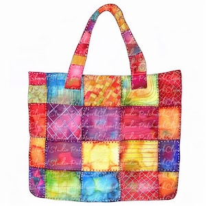10 Tote Bags Clipart Bundle, PNG & JPG, Printable Patchwork Tote Bag, Illustrations, Digital Download, Scrapbook Crafting, Quilt Image