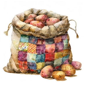 Paquete de 10 bolsas de patatas, imágenes prediseñadas PNG y JPG, patatas de patchwork imprimibles, ilustraciones, descarga digital, manualidades con álbumes de recortes, imágenes de colchas