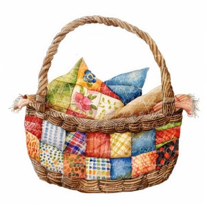 May include: A brown wicker basket filled with colorful patchwork fabric scraps. The fabric is in a variety of patterns and colors, including red, blue, green, yellow, and orange.