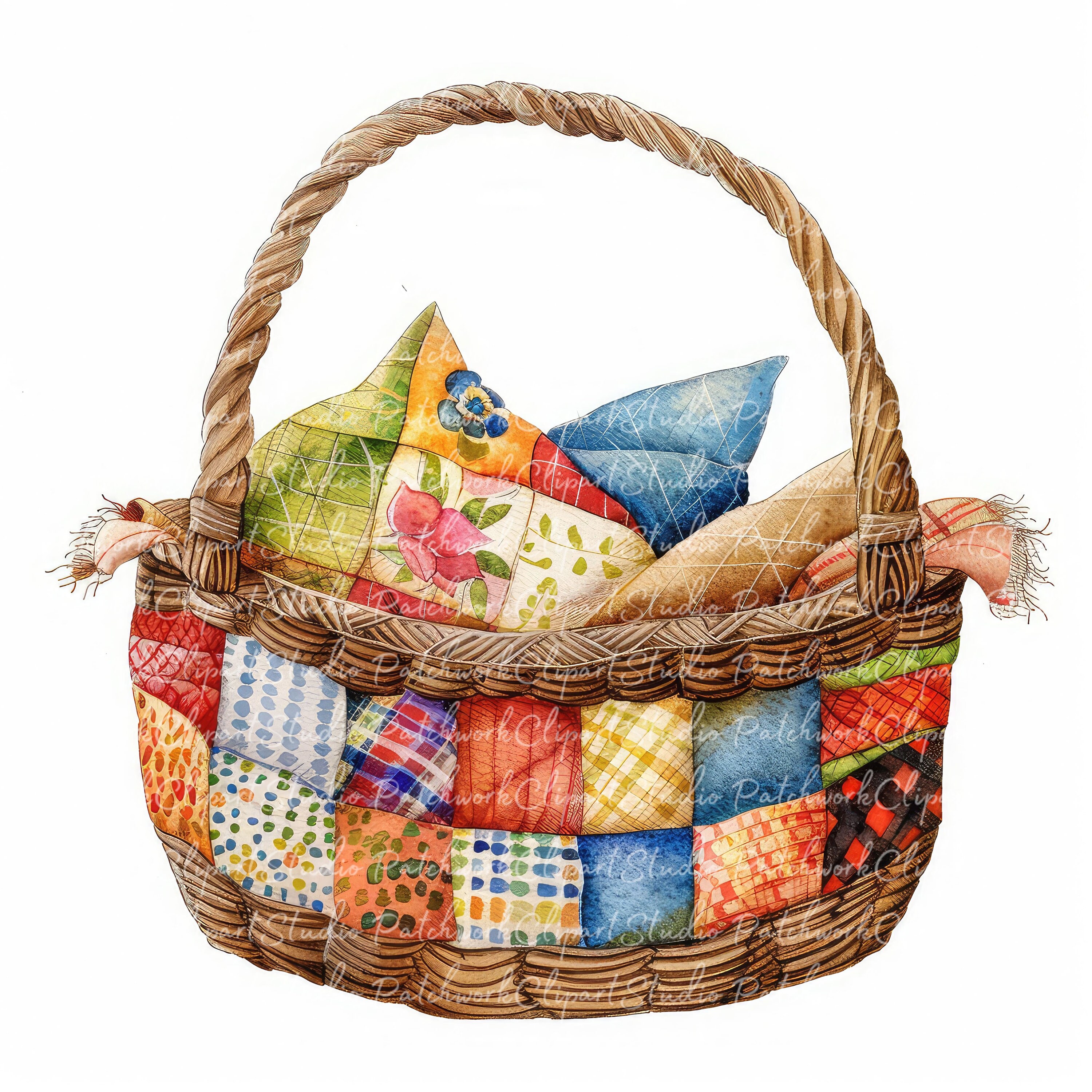 10 Baskets Clipart Bundle, PNG & JPG, Printable Patchwork Basket, Illustrations, Digital Download, Scrapbook Crafting, Quilt Image