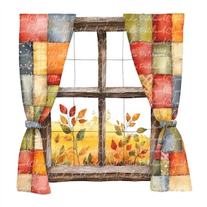 Puede incluir: Una pintura de acuarela de una ventana con cortinas de patchwork y una vista de follaje de otoño. La ventana está enmarcada en madera y tiene un encanto rústico.