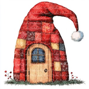 10 Santa Hat House Clipart Bundle, PNG & JPG, Printable Patchwork, Illustrations, Digital Download, Scrapbook Crafts, Quilt Image, Christmas