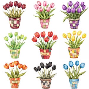 May include: A watercolour illustration featuring nine pots of tulips in shades of burgundy, pink, purple, green, red, yellow, orange, black, and blue. Each pot has a patchwork design, creating a decorative floral arrangement.