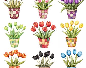 10 Various Tulips in Pot Clipart Bundle, PNG & JPG, Printable Patchwork, Illustrations, Digital Download, Scrapbook Crafting, Quilt Image