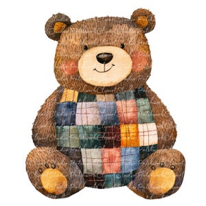 May include: A watercolor illustration of a brown teddy bear with a patchwork quilt scarf. The bear has a cream-colored snout, rosy cheeks, and a small smile. The quilt features squares of blue, green, orange, and yellow.