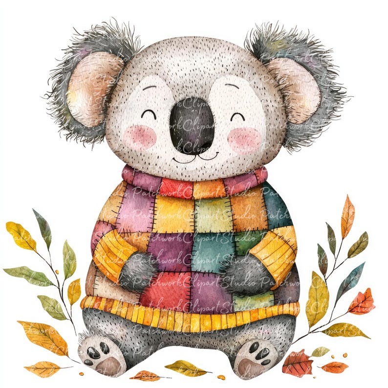 10 Autumn Koala Clipart Bundle, PNG & JPG, Printable Patchwork, Koala ...