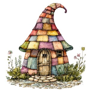 Puede incluir: Ilustración en acuarela de una casa de patchwork caprichosa con un techo alto y curvo. La casa tiene una puerta de madera, una pequeña ventana y está rodeada de vegetación y flores. El techo está hecho de cuadrados coloridos.