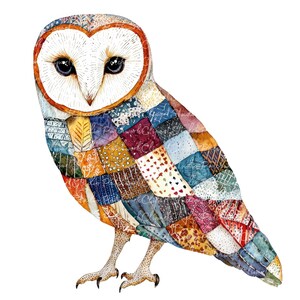 Może przedstawiać: Akwarelowa ilustracja płomykówki z patchworkowym wzorem. Twarz sowy jest biała z ciemnymi oczami, a jej ciało składa się z kolorowych kwadratów materiału w różnych wzorach i odcieniach, w tym niebieskim, czerwonym, żółtym i pomarańczowym.