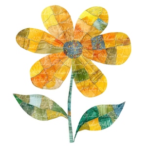 Op de afbeelding: Een gele, oranje en groene patchworkbloem met een ontwerp met vijf bloemblaadjes. De bloem heeft een bruine stengel en twee groene bladeren.