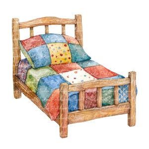 May include: Watercolor illustration of a wooden bed with a patchwork quilt and pillow. The quilt features squares of red, blue, green, and yellow. The bed frame is made of light brown wood.