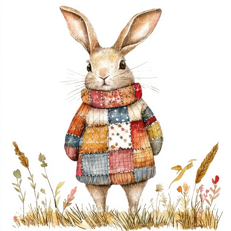 10 Autumn Rabbit Clipart Bundle, PNG & JPG, Printable Patchwork, Rabbit ...