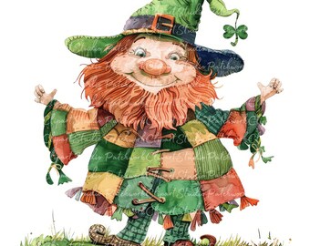 Puede incluir: Un duende sonriente con un sombrero verde y un abrigo de patchwork colorido. Está extendiendo las manos, como para dar la bienvenida a alguien.