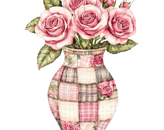 10 Pink Roses in Vase Clipart Bundle, PNG & JPG, Printable Patchwork Flowers Images, Digital Download, Scrapbook Crafting, Pink Roses Image