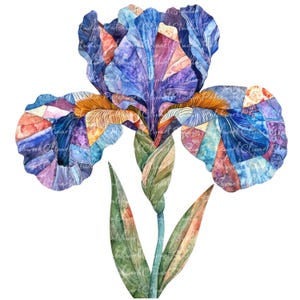 Puede incluir: Una pintura de acuarela de una flor de iris azul y púrpura con un diseño de patchwork. La flor tiene un centro amarillo y hojas verdes.