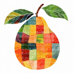 May include: A watercolor illustration of a pear with a patchwork design in shades of red, orange, yellow, green, and blue. The pear has a stem and two leaves.