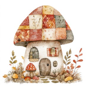 May include: Watercolor illustration of a whimsical mushroom house with a patchwork roof in shades of red, orange, and yellow. The house has a wooden door, arched windows, and is surrounded by grass, mushrooms, and foliage.